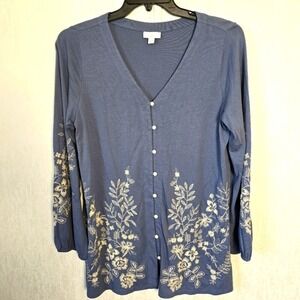 J Jill Womens M Blue Tunic Floral Expressions V-Neck Embroidered Button-Up Roomy